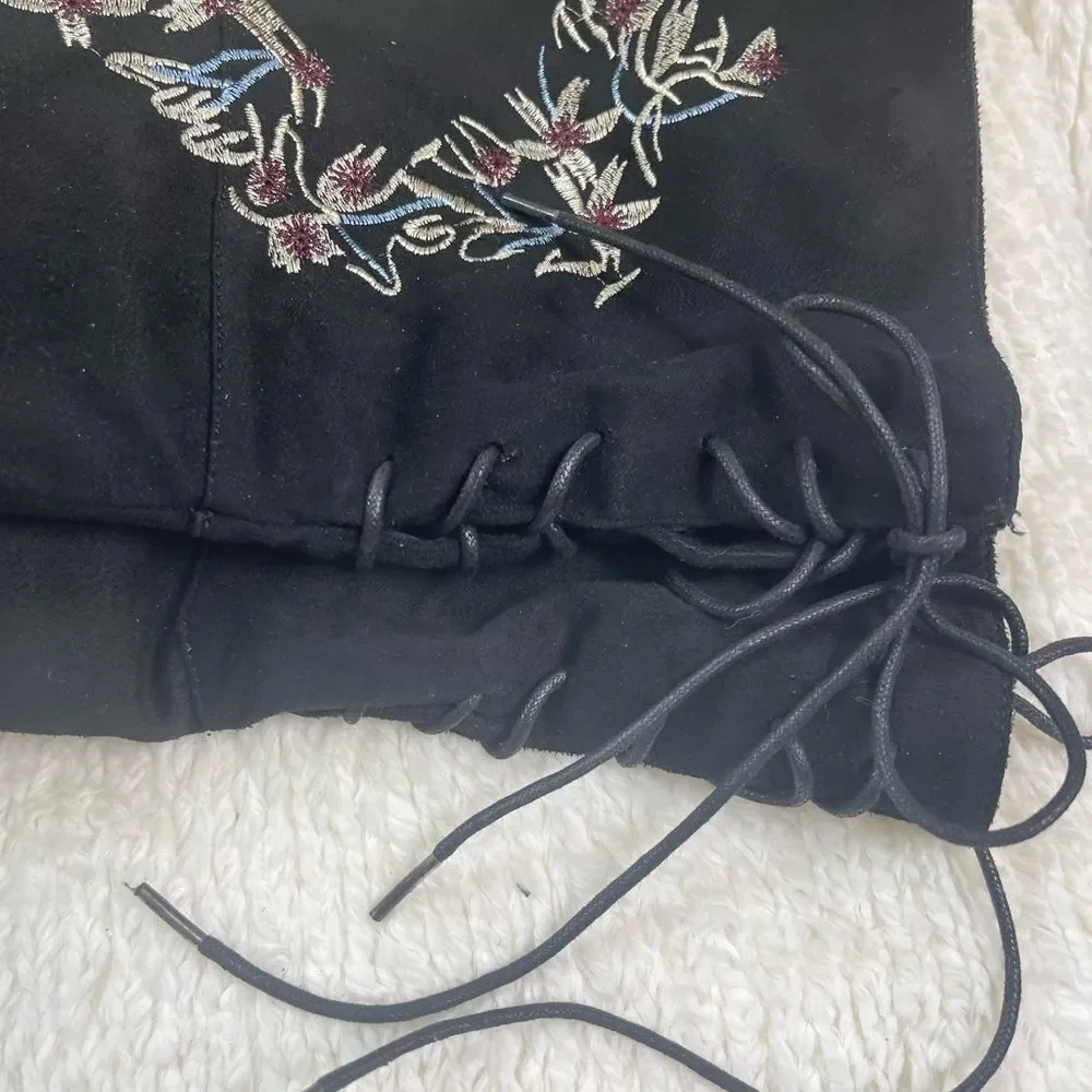 Qupid fabric suede black over the knee  heel boots floral embroidery accent SZ9